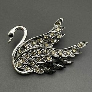 Silver with Champagne Topaz and Gray Crystal Graceful Swan Pin Back Brooch